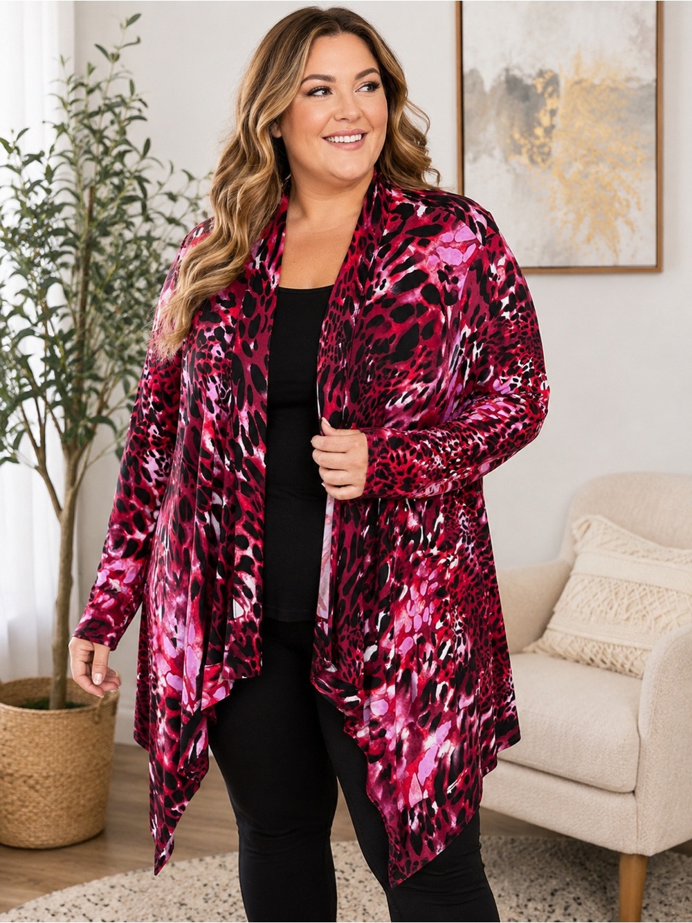 Travel Elements Pink Animal Print Open Front Cardigan 3X Drape Travel Wrap